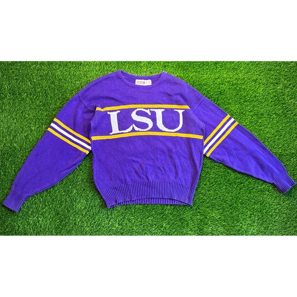 Vintage 1980's LSU‎ TIGERS Cliff Engle Crew Neck Knit Sweater Made in USA Large